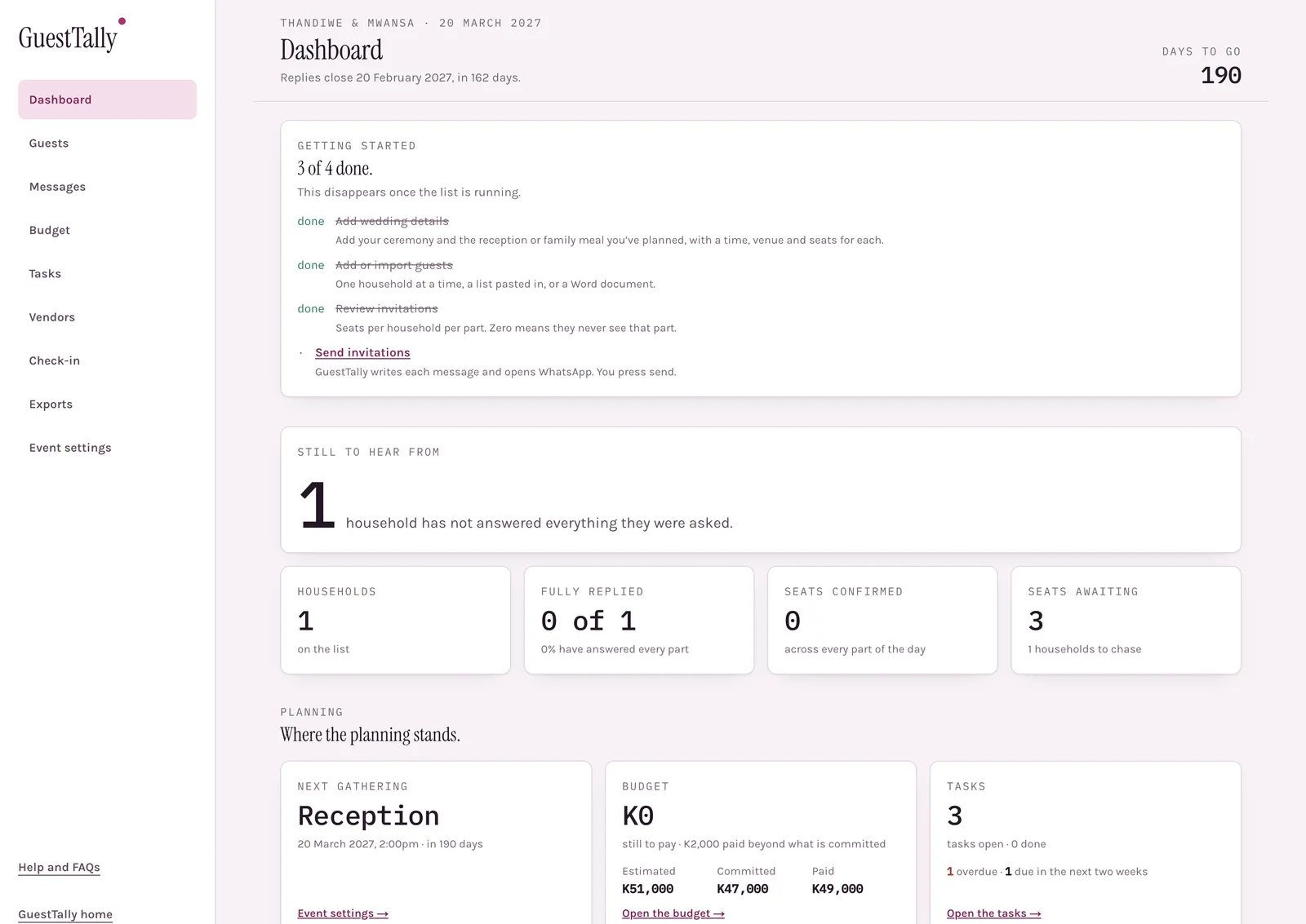The GuestTally dashboard for a fictional wedding: getting-started steps, households still to hear from, seat counts, and planning cards for the next gathering, the budget and the tasks