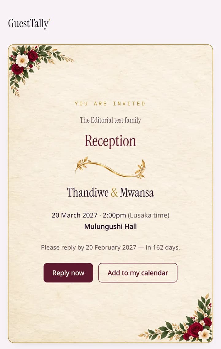 The same wedding's Editorial invitation on a phone: the gathering name, the couple's names, date, venue and a Reply now button